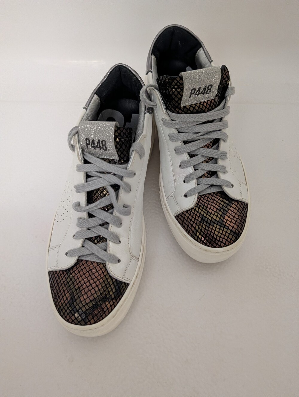 P448 Women White Leather Sneakers with Iridescent Snakeprint